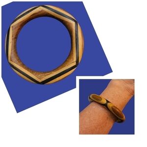 Vintage Tribal Wood Inlay Bangle Bracelet